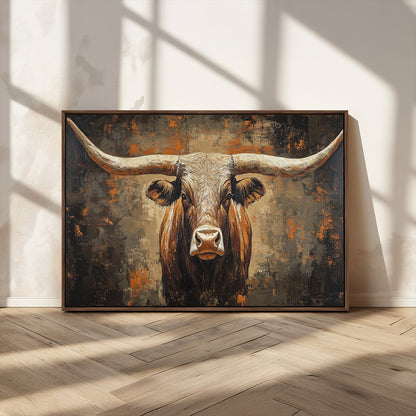 19204445-MGV-CV-36X24-Texas Longhorn Bull Wall Art – Rustic Western Canvas Print, Bold Cowboy Cattle Painting for Ranch House, Farmhouse, Office, or