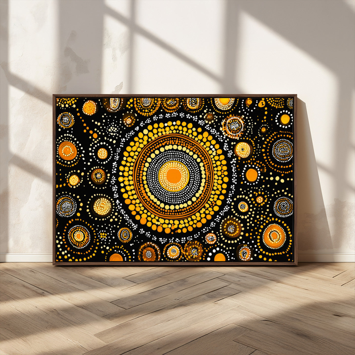 45478523-MGV-CV-36X24-Abstract Circle Wall Art – Bold Black and Gold Dot Painting Canvas Print, Modern Geometric Mandala Style Decor for Living Room or