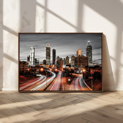 59097239-MGV-CV-36X24-City Skyline Wall Art – Modern Black and White Night Canvas Print with Red Light Trails, Urban Landscape Decor for Living Room or