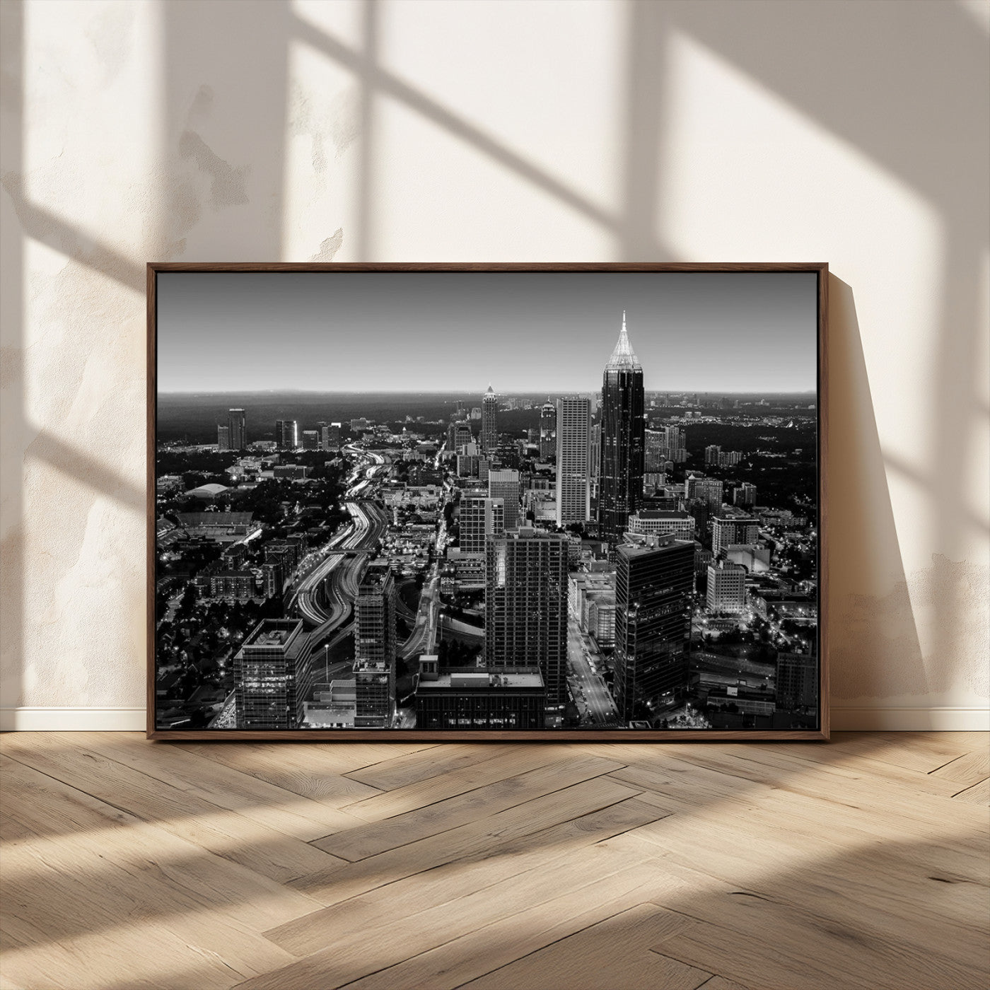 46578567-MGV-CV-36X24-Atlanta Skyline Wall Art – Black and White Cityscape Canvas Print, Modern Urban Night Decor for Office, Living Room, or Apartment