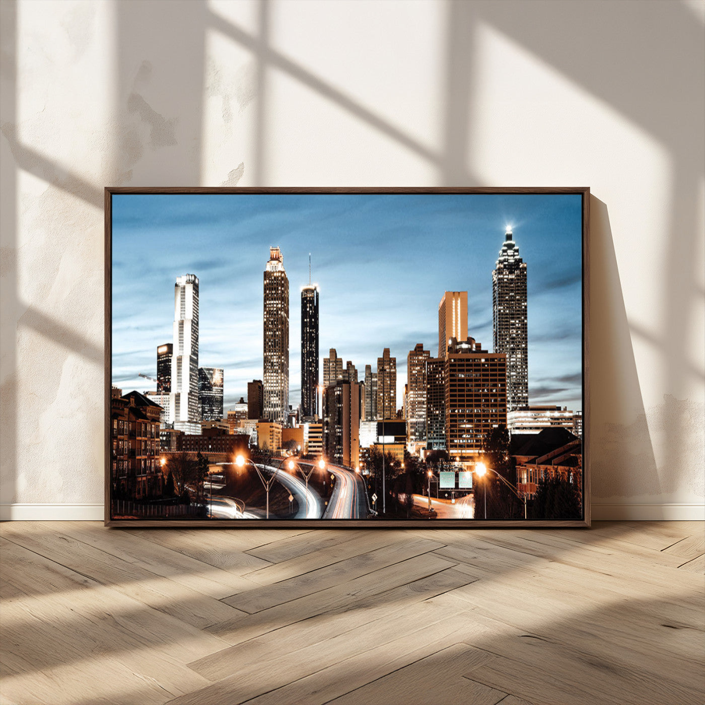 23859158-MGV-CV-36X24-Atlanta Skyline Wall Art – Modern Cityscape Canvas Print with Night Lights and Traffic Trails, Urban Decor for Office, Apartment,