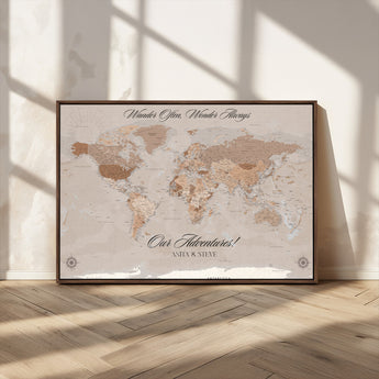 95243244-MGV-FC-36X24_Walnut-Wander Often Wonder Always World Map Wall Art – Neutral Beige Adventure Canvas Print, Rustic Boho Travel Decor for Bedroom, Living