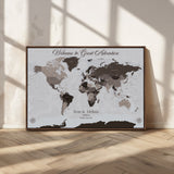 43749658-MGV-CV-36X24-Welcome to Great Adventure World Map Wall Art – Charcoal Gray Canvas Print, Rustic Travel Decor for Living Room, Study, Office or