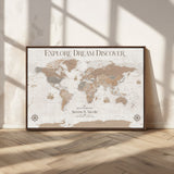 63516865-MGV-FC-36X24_Walnut-Explore Dream Discover World Map Wall Art – Inspirational Travel Adventure Canvas Print, Neutral Parchment Style Explorer Decor