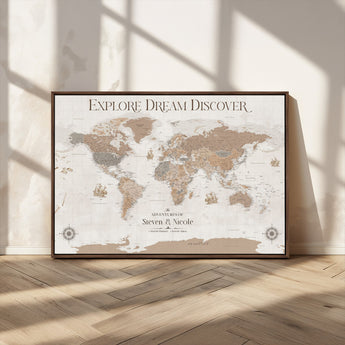 63516865-MGV-FC-36X24_Walnut-Explore Dream Discover World Map Wall Art – Inspirational Travel Adventure Canvas Print, Neutral Parchment Style Explorer Decor