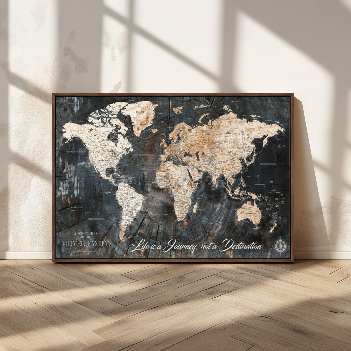37848568-MGV-CV-36X24-Life is a Journey Not a Destination World Map Rustic Wood Texture Vintage Beige Navy Adventure Wall Art Canvas Print for Home