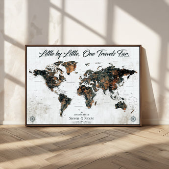 88337180-MGV-CV-36X24-Little by Little One Travels Far Tolkien Quote World Map Rustic Black Brown Adventure Wall Art Canvas Print for Home Office Living