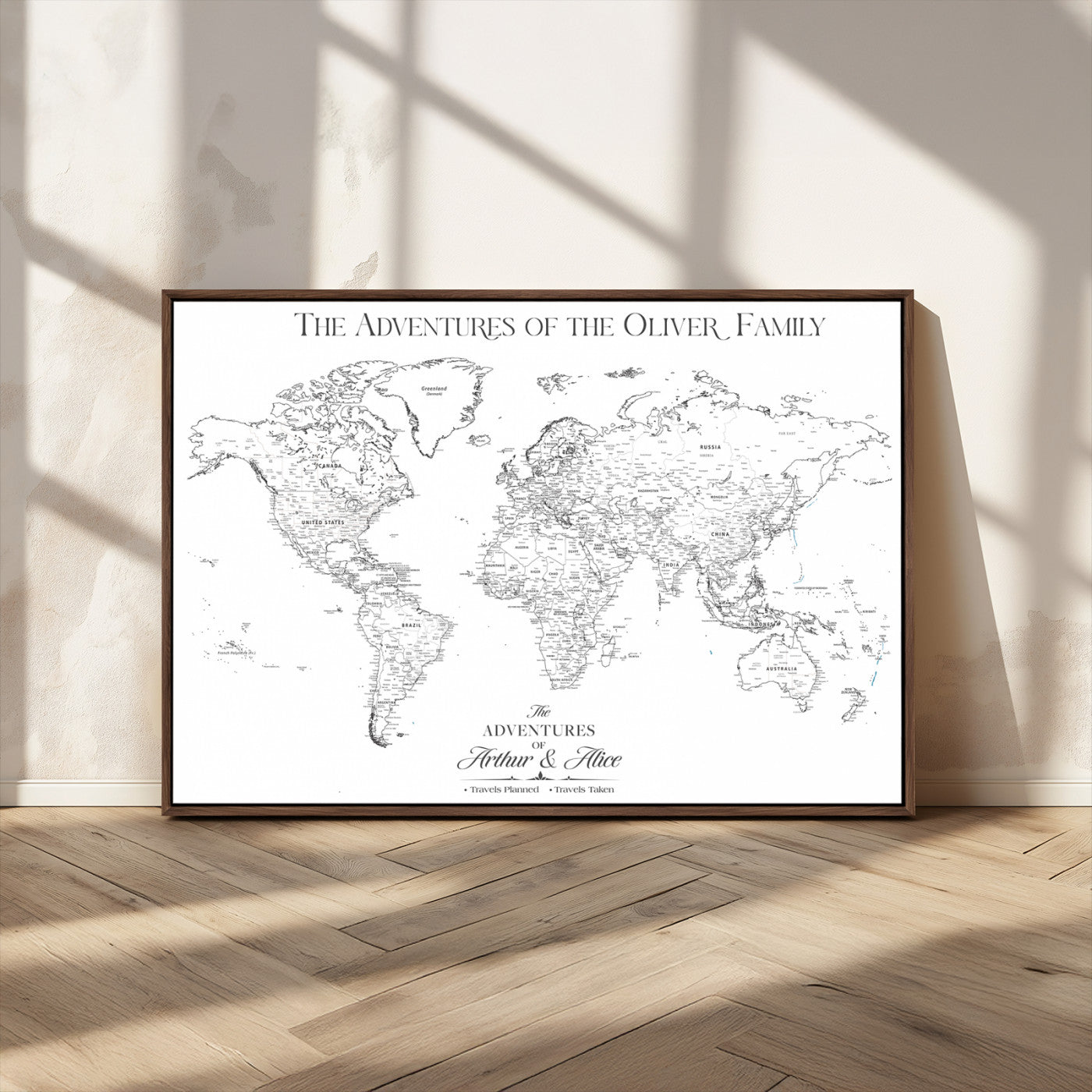 21029247-MGV-CV-36X24-Minimalist World Map Wall Art – Black and White Travel Adventure Print, Modern Family Travel Map Decor for Living Room, Bedroom,