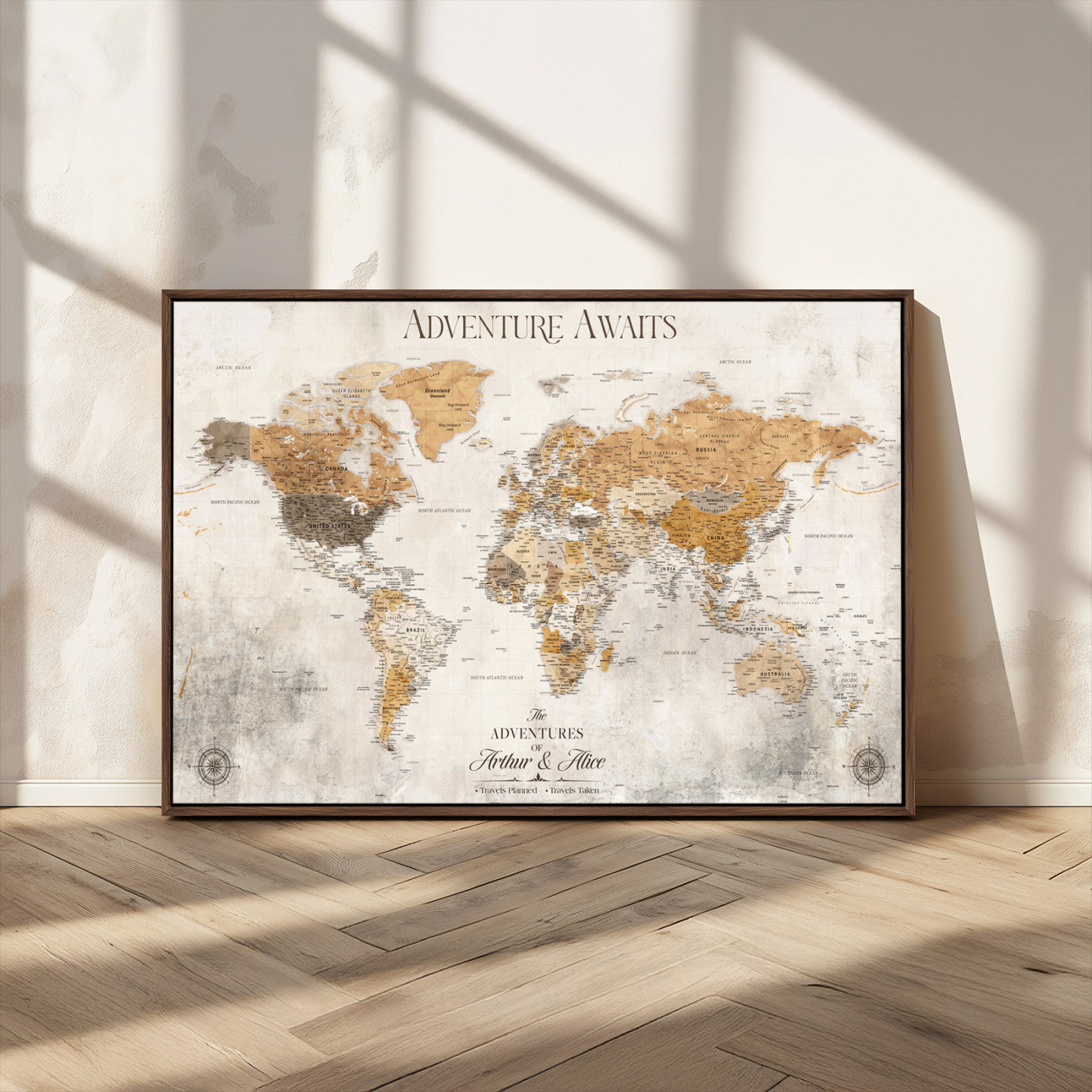 99422096-MGV-CV-36X24-Adventure Awaits World Map Wall Art – Neutral Beige Canvas Print, Modern Travel Inspired Wall Decor for Living Room, Bedroom or