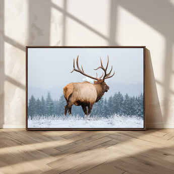 85177251-MGV-CV-36X24-Elk Wall Art – Majestic Wildlife Canvas Print of Bull Elk Snowy Forest, Rustic Nature Decor for Living Room, Cabin, or Office