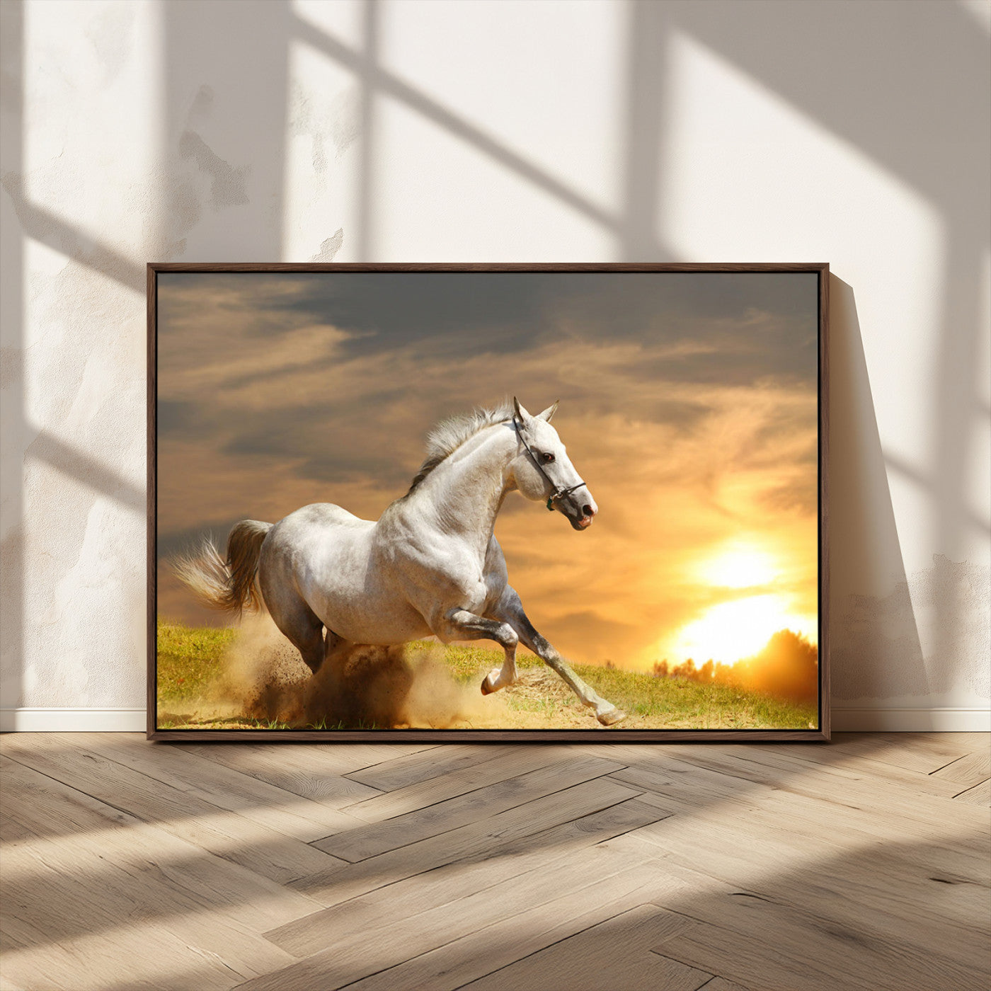44295212-MGV-CV-36X24-Horse Wall Art – Running White Stallion Canvas Print with Sunset Background, Western Wildlife Decor for Living Room, Office, or