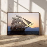 31270610-MGV-CV-36X24-Sailing Ship Wall Art – Sunset Seascape Canvas Print with Tall Ship at Sea, Nautical Ocean Decor for Living Room, Office, or