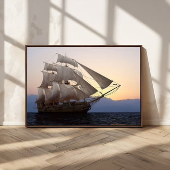 31270610-MGV-CV-36X24-Sailing Ship Wall Art – Sunset Seascape Canvas Print with Tall Ship at Sea, Nautical Ocean Decor for Living Room, Office, or