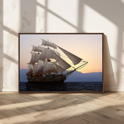 31270610-MGV-CV-36X24-Sailing Ship Wall Art – Sunset Seascape Canvas Print with Tall Ship at Sea, Nautical Ocean Decor for Living Room, Office, or