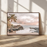 18005328-MGV-CV-36X24-Tropical Beach Canvas Wall Art – Palm Tree, Rocky Shoreline, Ocean Waves, Sunset Clouds, Calm Sea, Island Nature Relaxation for