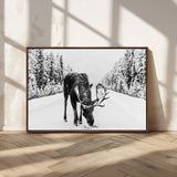 38956835-MGV-CV-36X24-Moose Wall Art – Black and White Wildlife Canvas Print with Snowy Forest Road, Rustic Nature Photography for Cabin, Lodge, Living