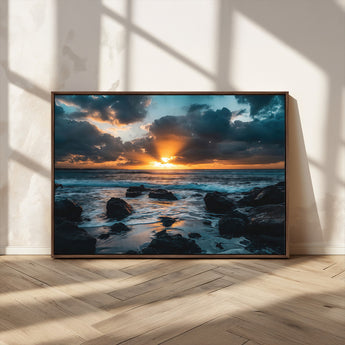 66040852-MGV-CV-36X24-Ocean Sunset Canvas Wall Art – Rocky Shore Waves, Dramatic Clouds, Golden Sun Rays, Coastal Nature, Serene Water Reflection for
