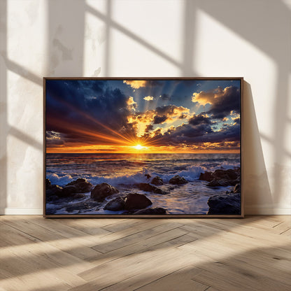 35900590-MGV-CV-36X24-Ocean Sunset Wall Art – Vivid Seascape Canvas Print with Sunburst Sky, Crashing Waves and Rocky Shore, Dramatic Coastal
