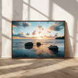 23879436-MGV-CV-36X24-Ocean Sunset Wall Art – Serene Seascape Canvas Print with Golden Sky, Reflections on Sand and Calm Waves, Peaceful Coastal