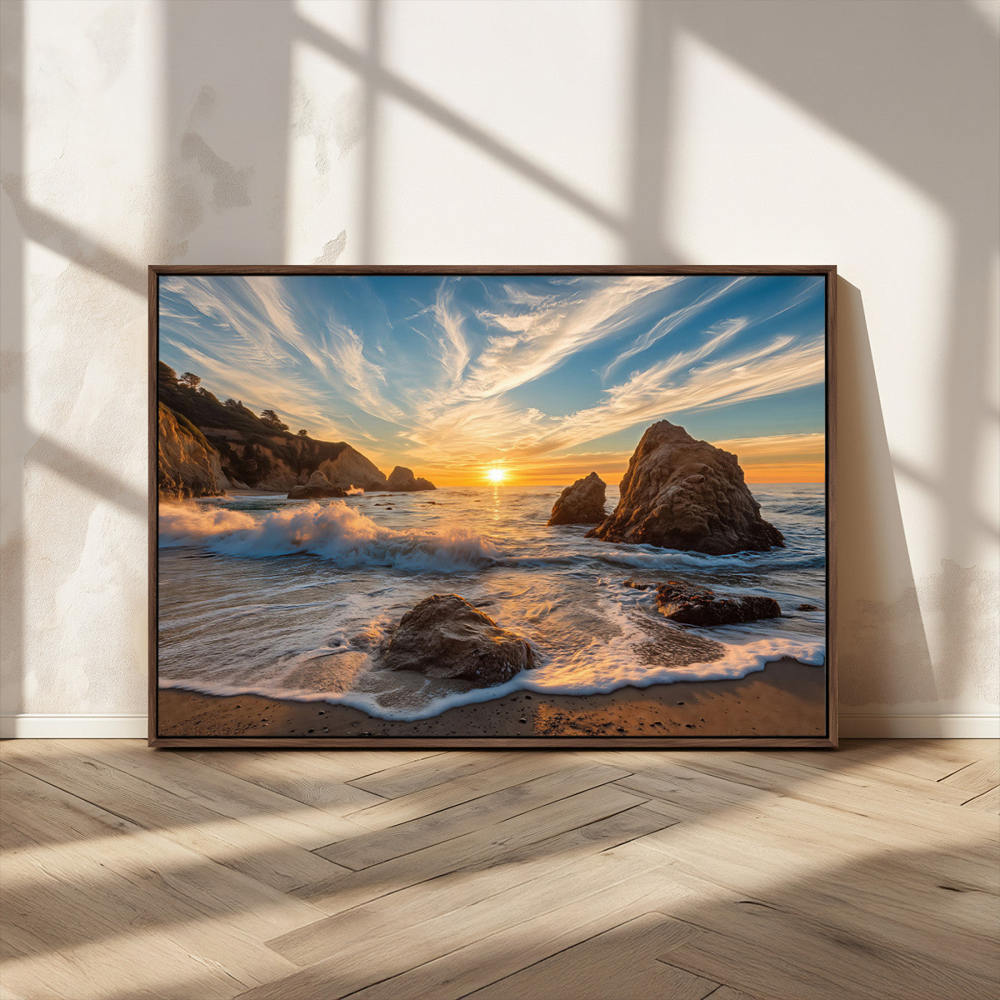 85659923-MGV-CV-36X24-Rocky Ocean Sunset Canvas Wall Art – Seaside Dramatic Seascape Print, Coastal Modern Decor, Ocean Sunset Art for Living Room or