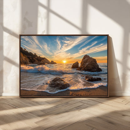 85659923-MGV-CV-36X24-Ocean Sunset Wall Art – Dramatic Seascape Canvas Print with Cliffs, Crashing Waves and Golden Sky, Bold Coastal Photography for