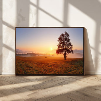 57919623-MGV-CV-36X24-Sunrise Landscape Wall Art – Golden Morning Canvas Print with Tree, Misty Hills and Open Field, Peaceful Nature Photography for