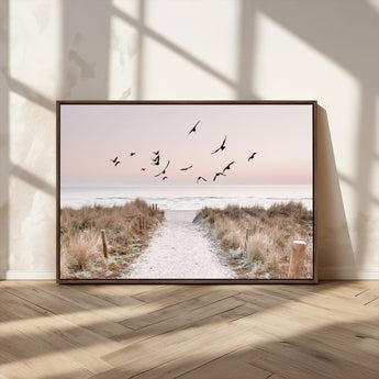 34632598-MGV-CV-36X24-Coastal Pathway Canvas Wall Art – Framed Seaside Landscape, Large Beach and Birds Canvas Print for Home, Office, or Living Room