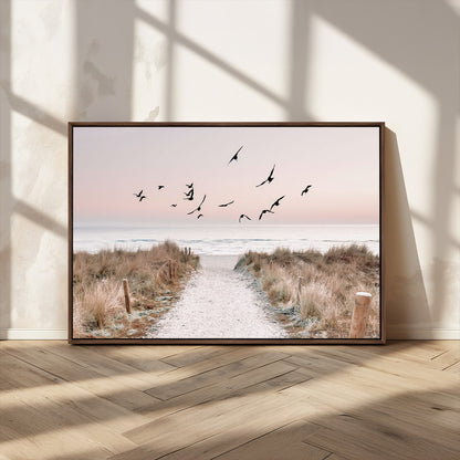 34632598-MGV-CV-36X24-Coastal Pathway Canvas Wall Art – Framed Seaside Landscape, Large Beach and Birds Canvas Print for Home, Office, or Living Room