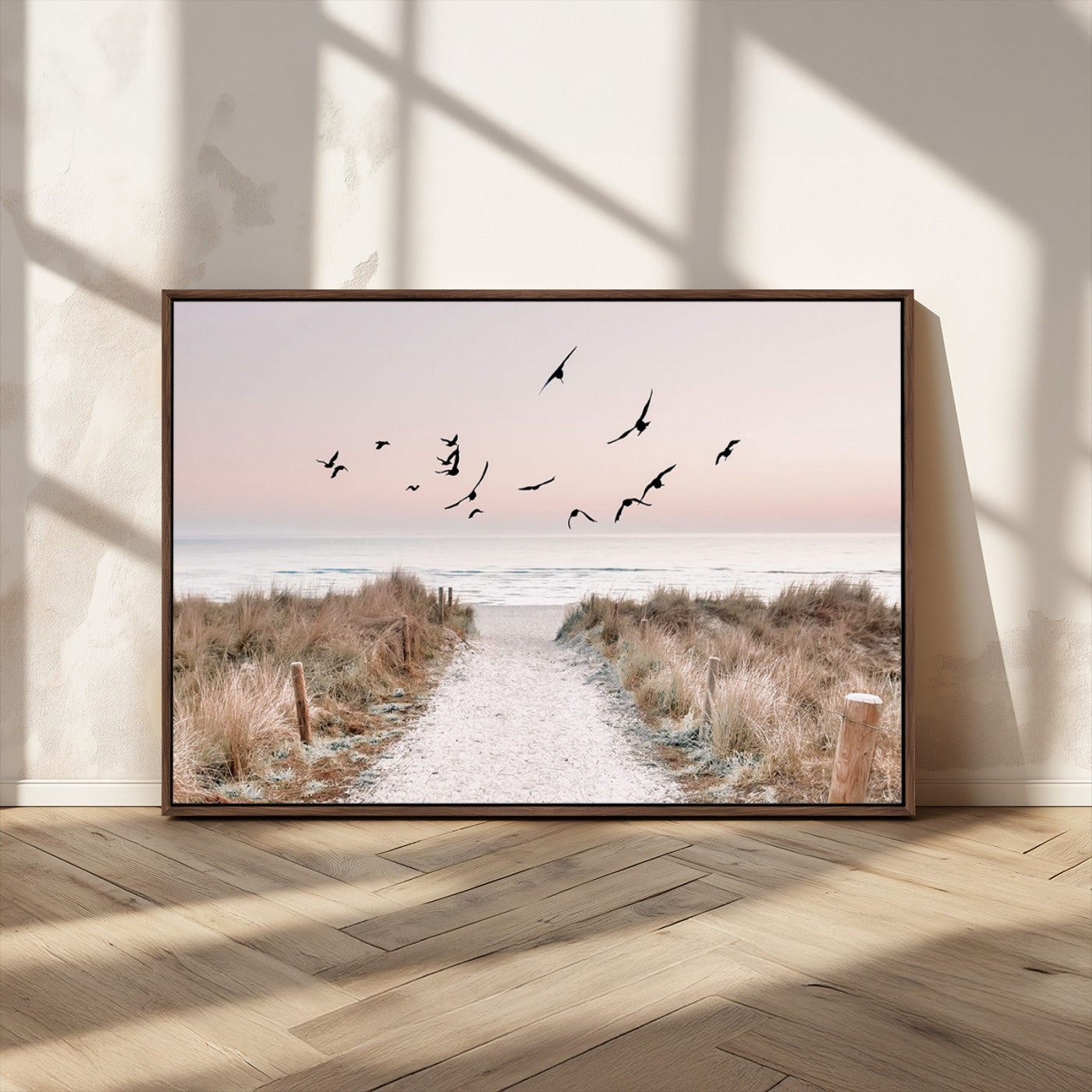 34632598-MGV-CV-36X24-Beach Pathway Wall Art – Coastal Canvas Print with Sandy Trail, Flying Birds and Pastel Sky, Serene Ocean Landscape Photography