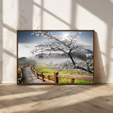 34632598CRY-MGV-CV-36X24-Cherry Blossom Wall Art – Scenic Asian Landscape Canvas Print with Wooden Walkway, Misty Mountains and Sunrise, Serene Nature