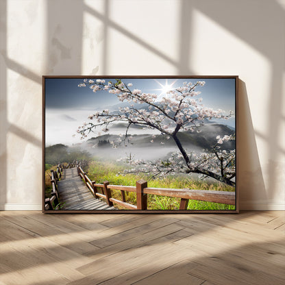 34632598CRY-MGV-CV-36X24-Cherry Blossom Wall Art – Scenic Asian Landscape Canvas Print with Wooden Walkway, Misty Mountains and Sunrise, Serene Nature