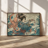 52037775-MGV-CV-36X24-Tsukioka Yoshitoshi Samurai Wall Art Print, Japanese Katana Warrior Canvas Wall Art, Octopus Sea Monster Canvas Print,