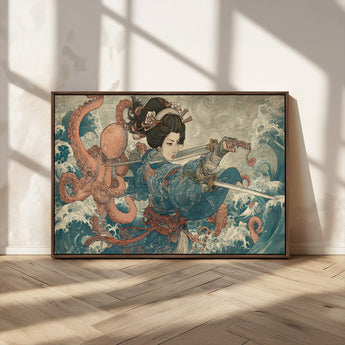52037775-MGV-CV-36X24-Samurai Woman Wall Art – Japanese Ukiyo e Style Canvas Print with Katana, Ocean Waves and Octopus, Traditional Asian Inspired