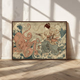54879547-MGV-CV-36X24-Samurai Woman Wall Art – Japanese Ukiyo-e Style Canvas Print with Katana and Octopus, Traditional Asian Inspired Battle Artwork