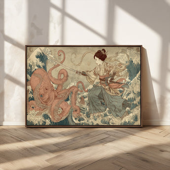54879547-MGV-CV-36X24-Tsukioka Yoshitoshi Samurai Wall Art Print, Japanese Katana Warrior Canvas Wall Art, Octopus Sea Monster Canvas Print,