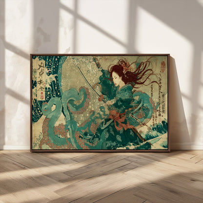 86918027-MGV-CV-36X24-Tsukioka Yoshitoshi Samurai Wall Art Print, Japanese Katana Warrior Canvas Wall Art, Octopus Sea Monster Canvas Print,