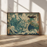 60346622-MGV-CV-36X24-Samurai Warrior vs Octopus Wall Art – Japanese Ukiyo-e Style Ocean Battle Canvas Print, Traditional Samurai Artwork for Living