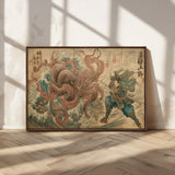 63782167-MGV-CV-36X24-Tsukioka Yoshitoshi Samurai Wall Art Print, Japanese Katana Warrior Canvas Wall Art, Octopus Sea Monster Canvas Print,