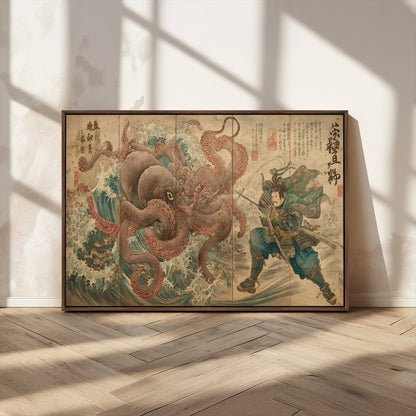 63782167-MGV-CV-36X24-Tsukioka Yoshitoshi Samurai Wall Art Print, Japanese Katana Warrior Canvas Wall Art, Octopus Sea Monster Canvas Print,