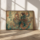 98593115-MGV-CV-36X24-Tsukioka Yoshitoshi Samurai Wall Art Print, Japanese Katana Warrior Canvas Wall Art, Octopus Sea Monster Canvas Print,