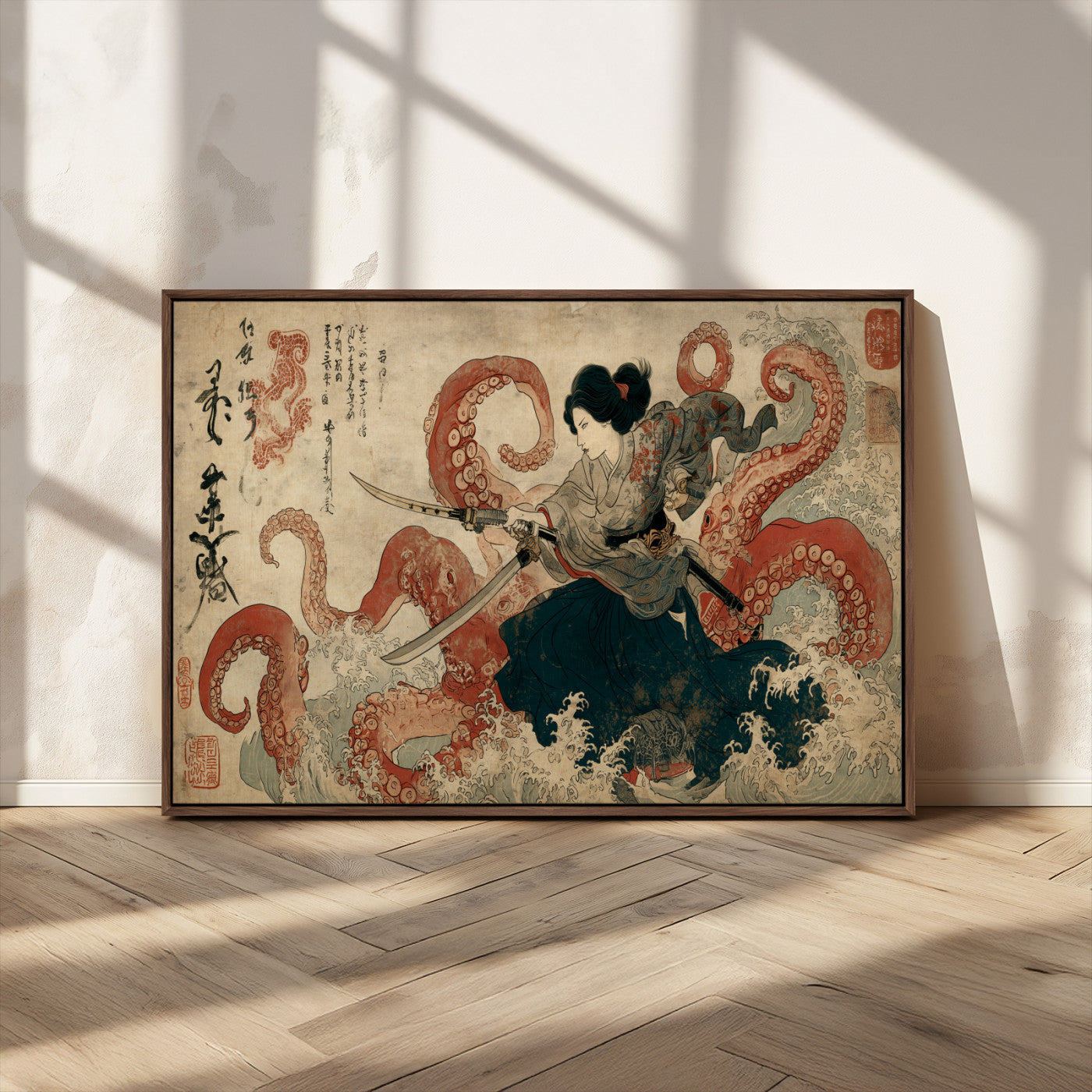 50812504-MGV-CV-36X24-Samurai Woman vs Octopus Wall Art – Japanese Ukiyo-e Red Tentacle Canvas Print, Ocean Battle Artwork for Living Room, Office, Man