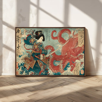 68844327-MGV-CV-36X24-Tsukioka Yoshitoshi Samurai Wall Art Print, Japanese Katana Warrior Canvas Wall Art, Octopus Sea Monster Canvas Print,