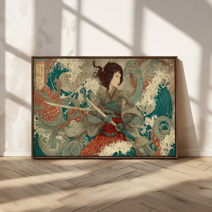 63377977-MGV-CV-36X24-Tsukioka Yoshitoshi Samurai Wall Art Print, Japanese Katana Warrior Canvas Wall Art, Octopus Sea Monster Canvas Print,