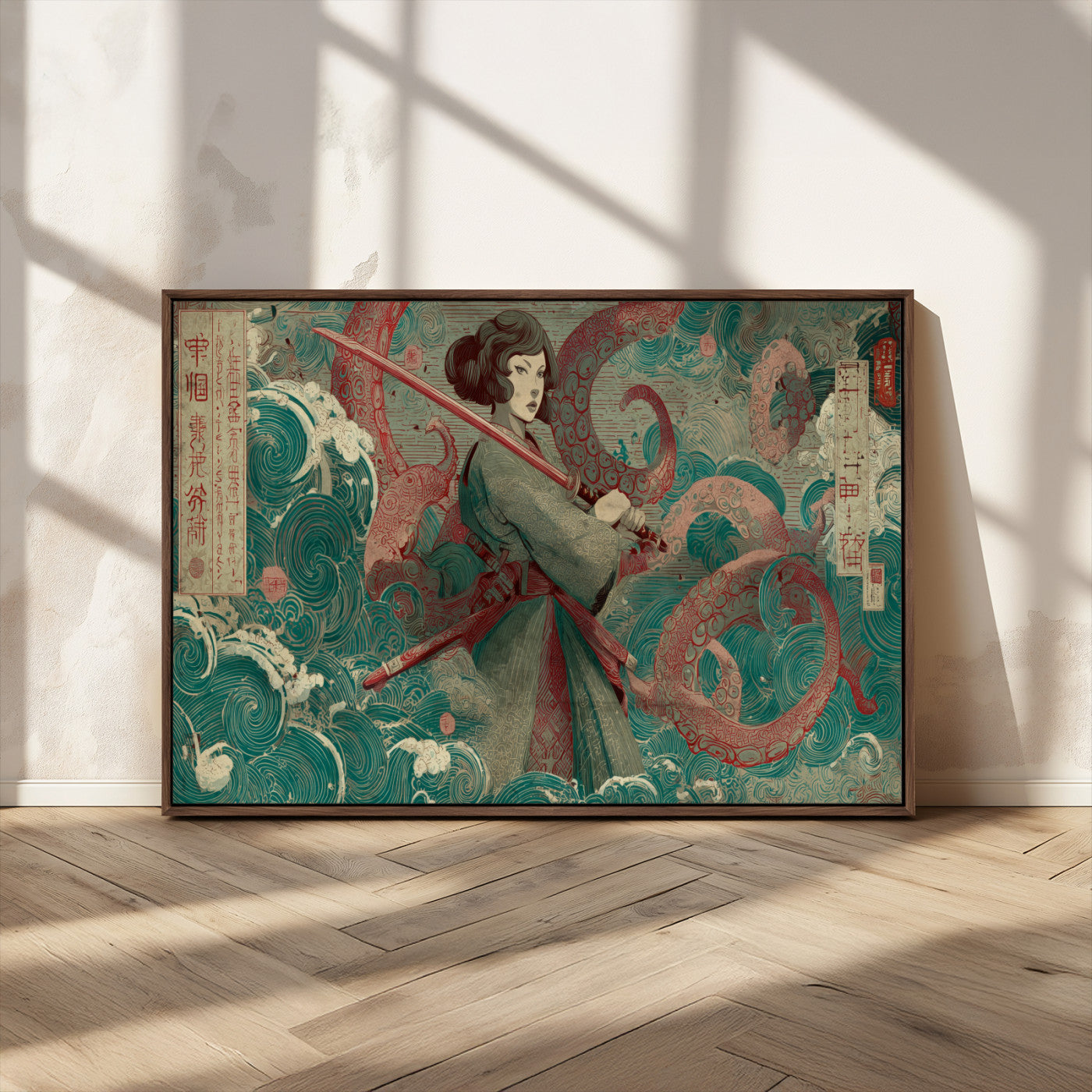 91666601-MGV-CV-36X24-Samurai Woman vs Octopus Wall Art – Japanese Ukiyo-e Green Robe Canvas Print, Ocean Battle Artwork for Living Room, Office, Man