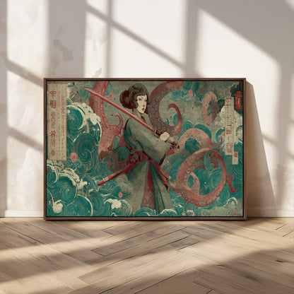 91666601-MGV-CV-36X24-Samurai Woman vs Octopus Wall Art – Japanese Ukiyo-e Green Robe Canvas Print, Ocean Battle Artwork for Living Room, Office, Man