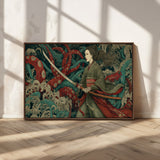 18902796-MGV-CV-36X24-Samurai Woman vs Octopus Wall Art – Japanese Ukiyo-e Green Kimono Canvas Print, Ocean Battle Scene Artwork for Living Room,