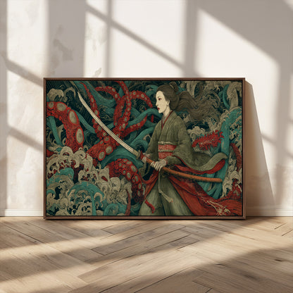 18902796-MGV-CV-36X24-Samurai Woman vs Octopus Wall Art – Japanese Ukiyo-e Green Kimono Canvas Print, Ocean Battle Scene Artwork for Living Room,