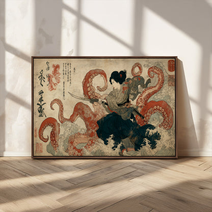 82737246-MGV-CV-36X24-Samurai Woman vs Octopus Wall Art – Japanese Ukiyo-e Dual Sword Canvas Print, Red Tentacle Ocean Battle Artwork for Living Room,