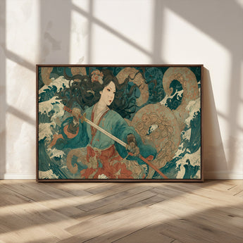 79740258-MGV-CV-36X24-Samurai Woman vs Octopus Wall Art – Japanese Ukiyo-e Blue Kimono Canvas Print, Ocean Battle Artwork for Living Room, Office, Man