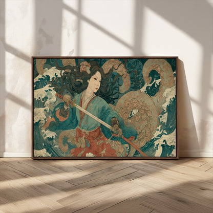 79740258-MGV-CV-36X24-Samurai Woman vs Octopus Wall Art – Japanese Ukiyo-e Blue Kimono Canvas Print, Ocean Battle Artwork for Living Room, Office, Man